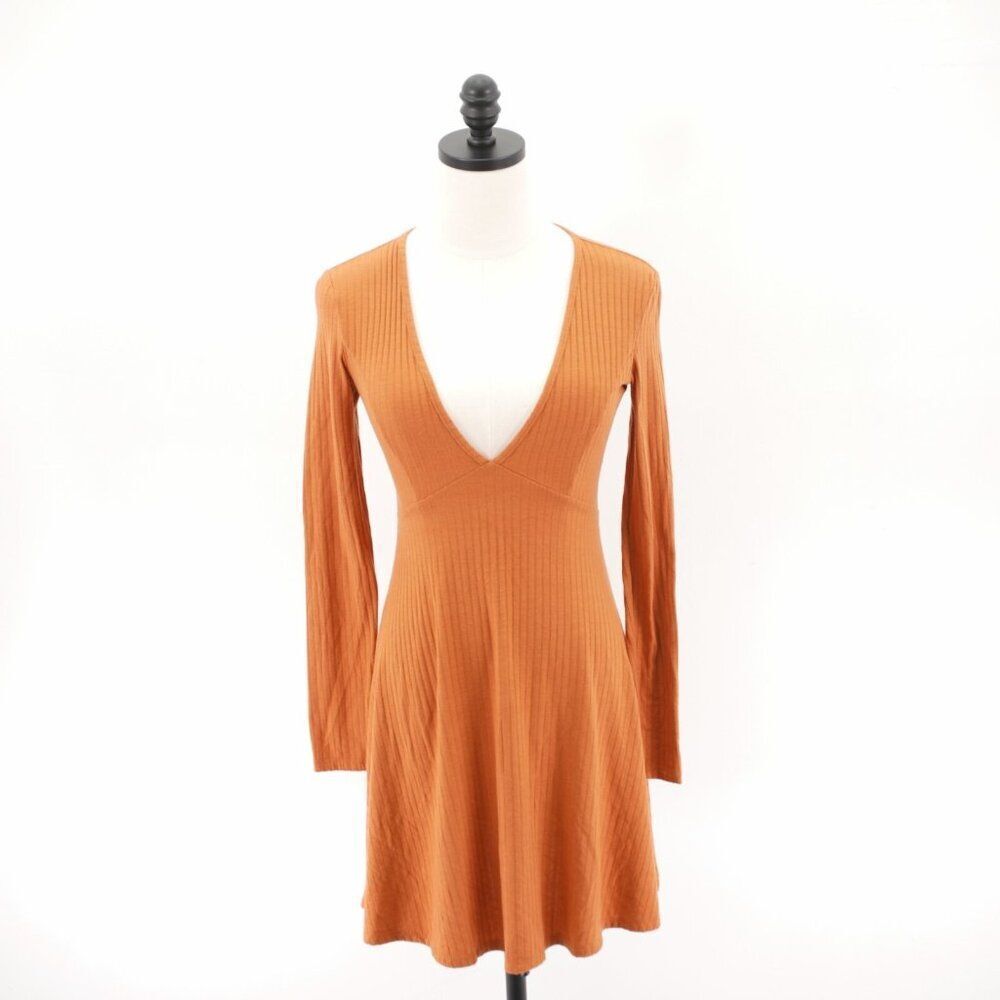 Forever 21 Orange Plunging V-Neck Sweater Dress Small Ribbed Cotton